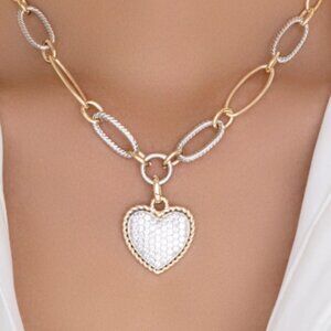 Two-Tone Heart Pendant Toggle Chain Necklace 16"